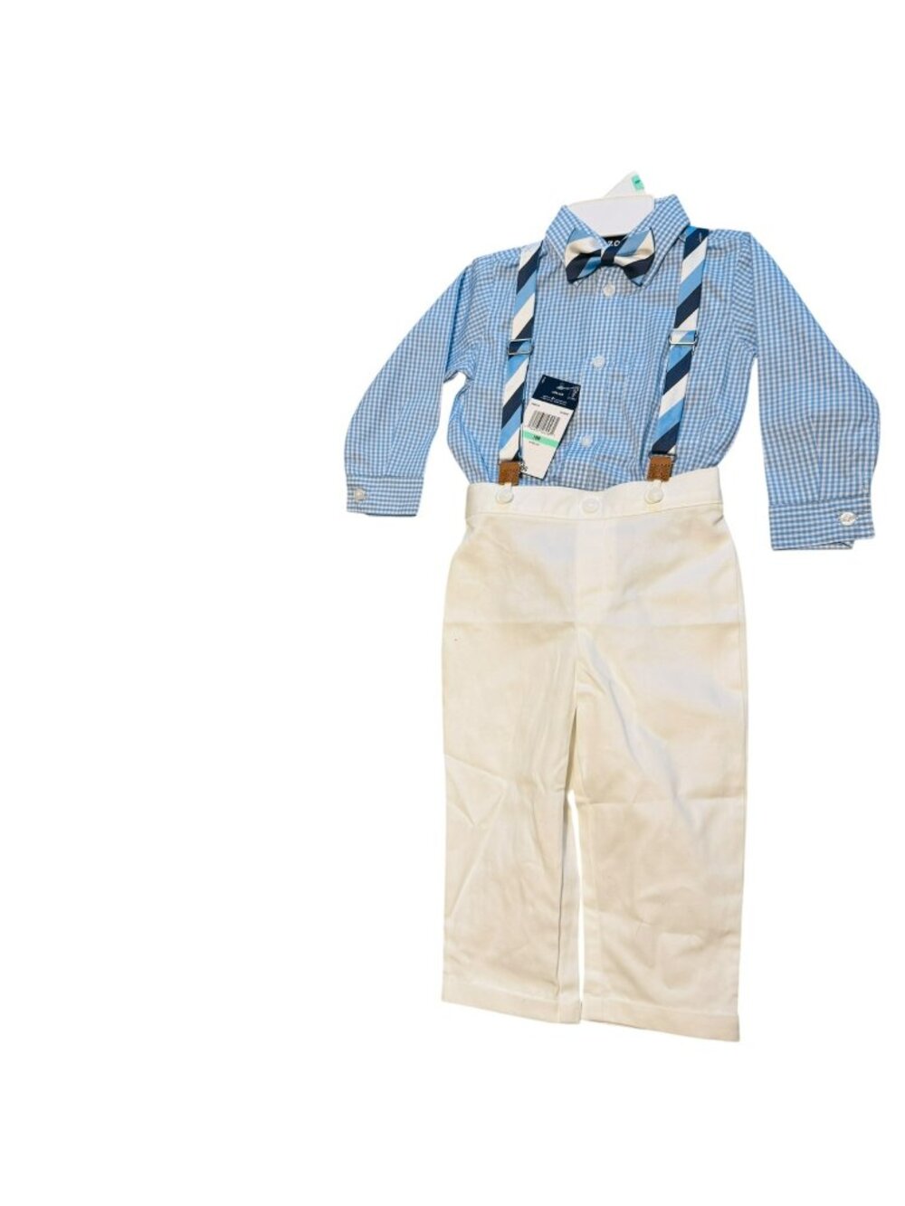 IZOD Baby Boys Blue Checkered Shirt White Pants Bow Tie & Suspenders 4-Piece Out